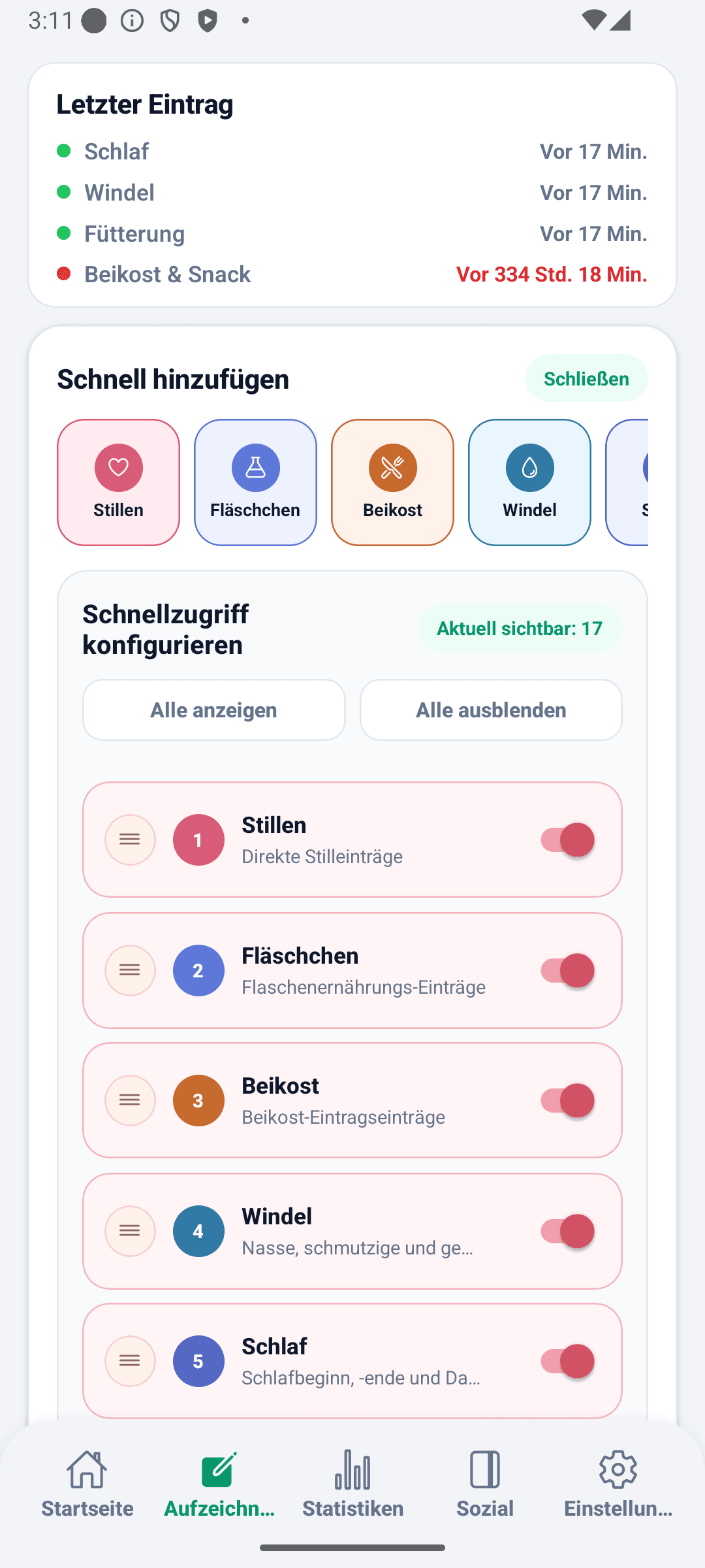 BabyDaily Aufzeichnungsansicht Schnellaktionen konfigurieren