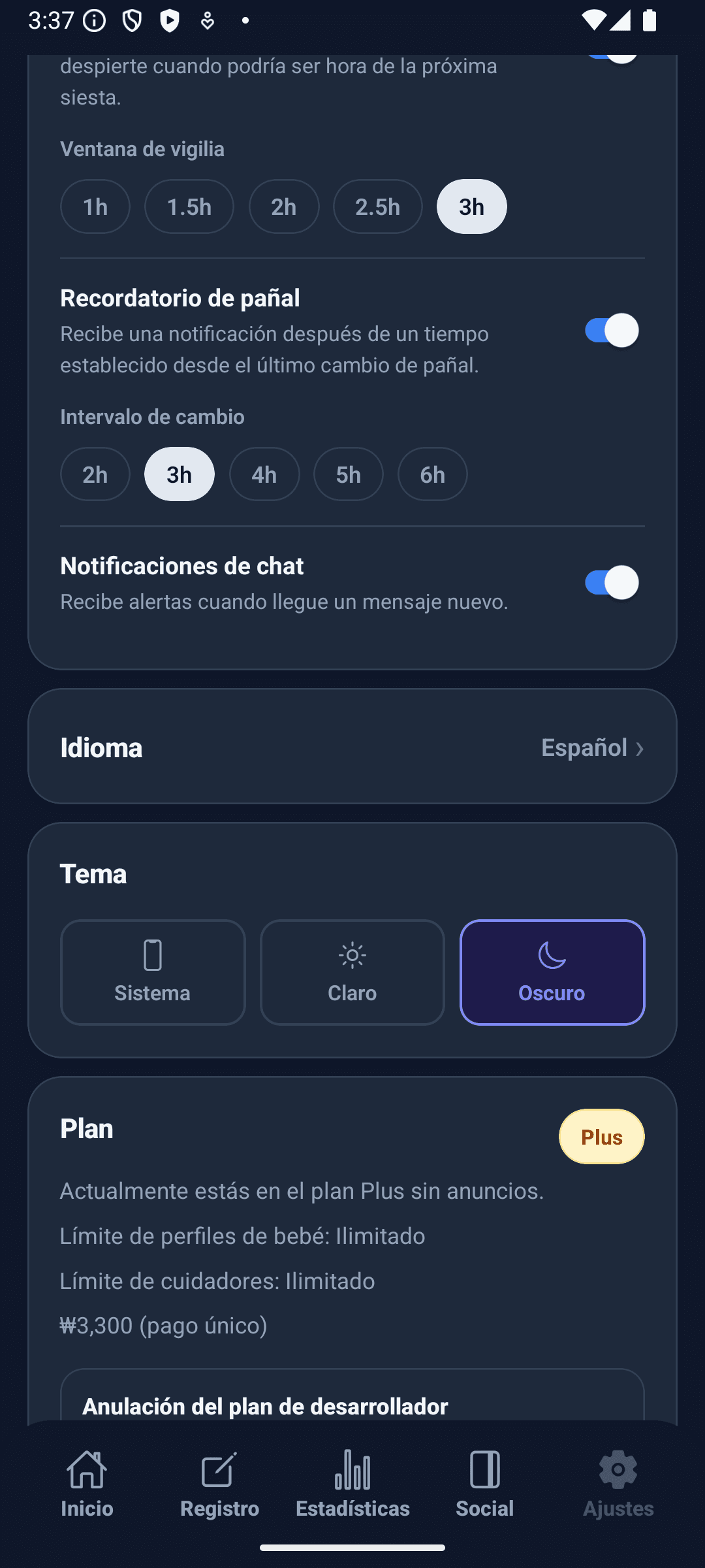 Pantalla de ajustes de BabyDaily tema