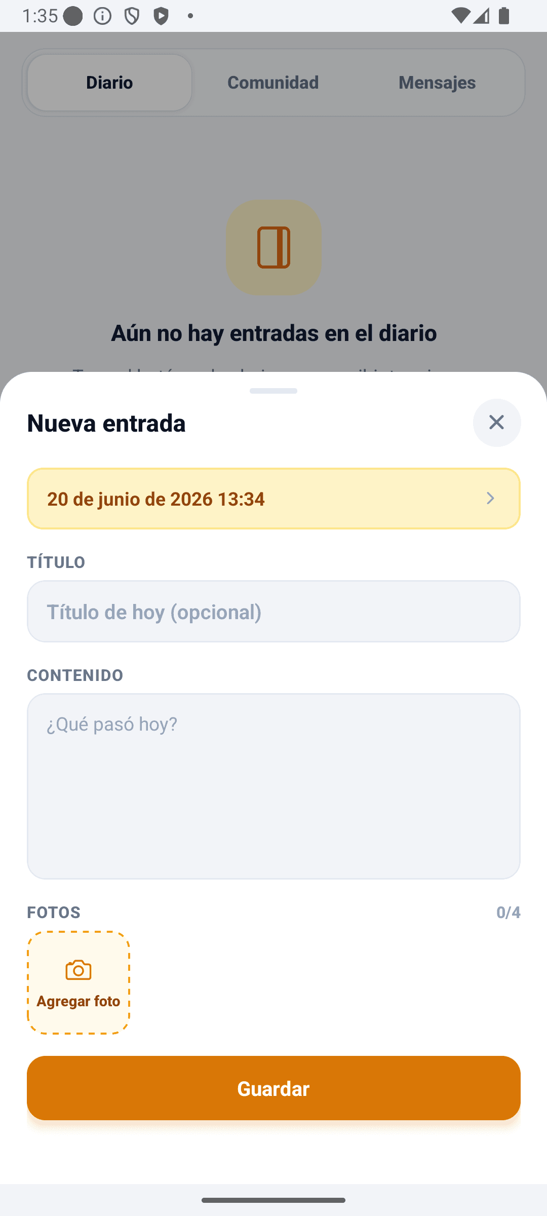 Pantalla de diario de BabyDaily nuevo diario