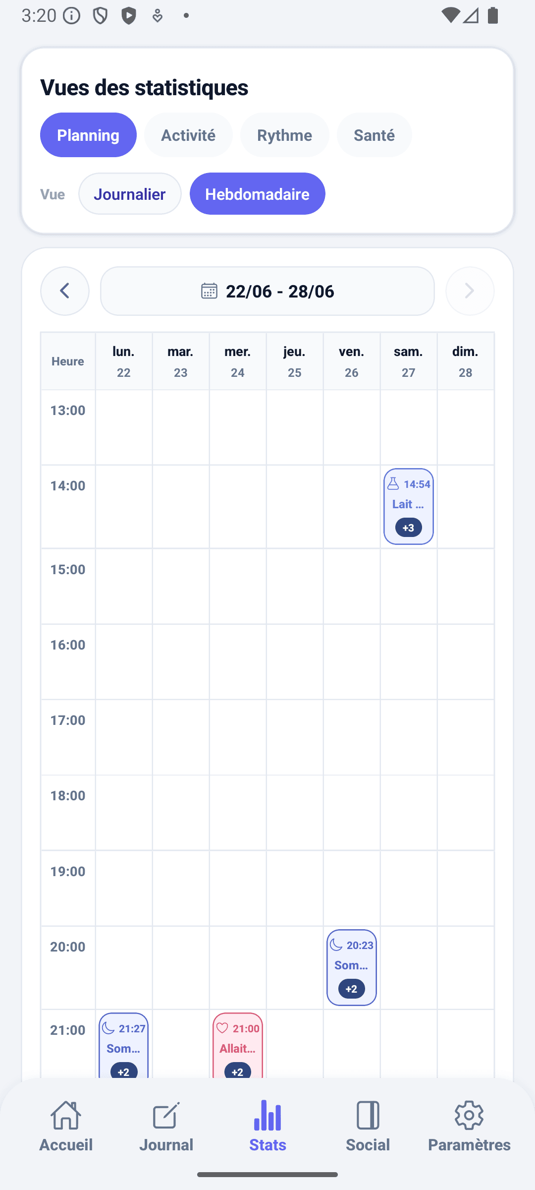 Écran de statistiques BabyDaily tableau des horaires