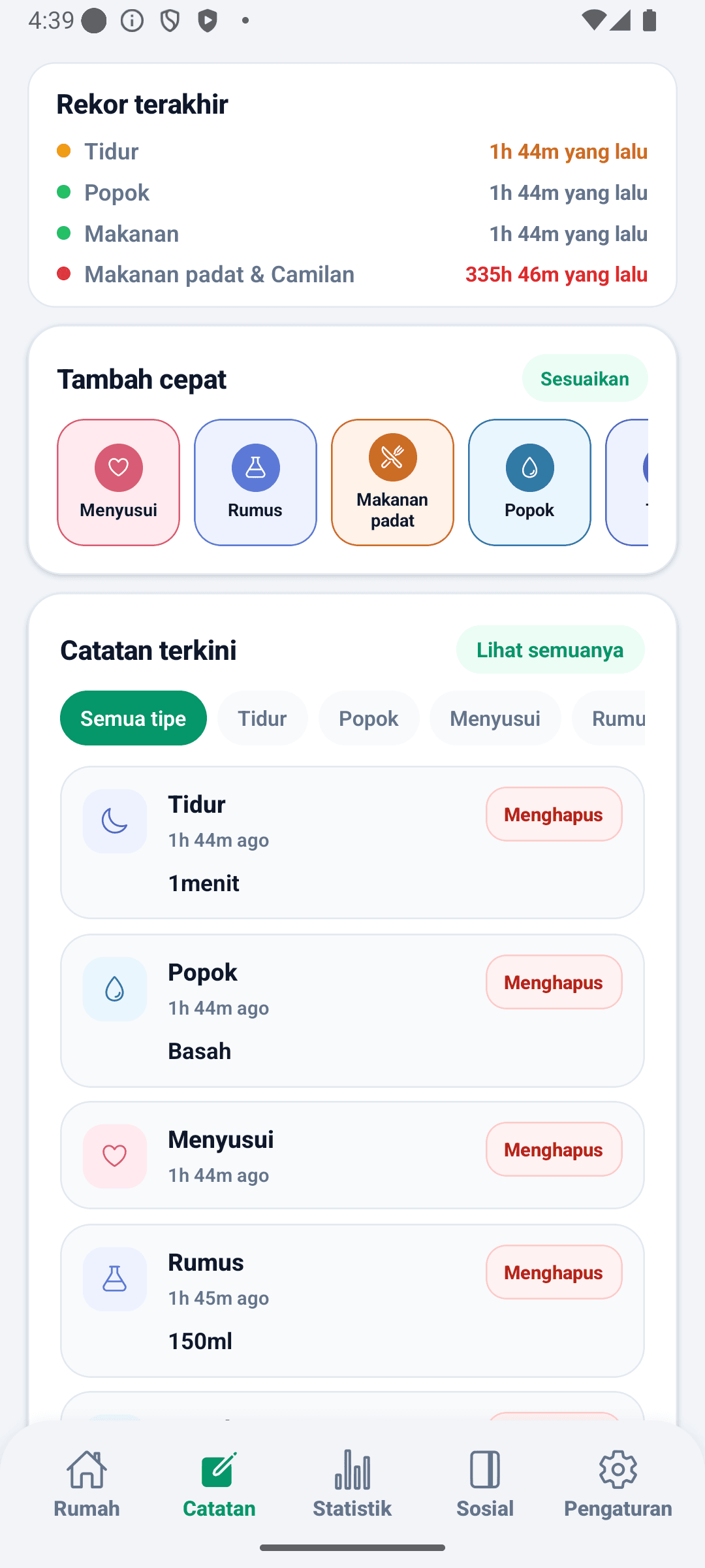 Layar catatan BabyDaily utama
