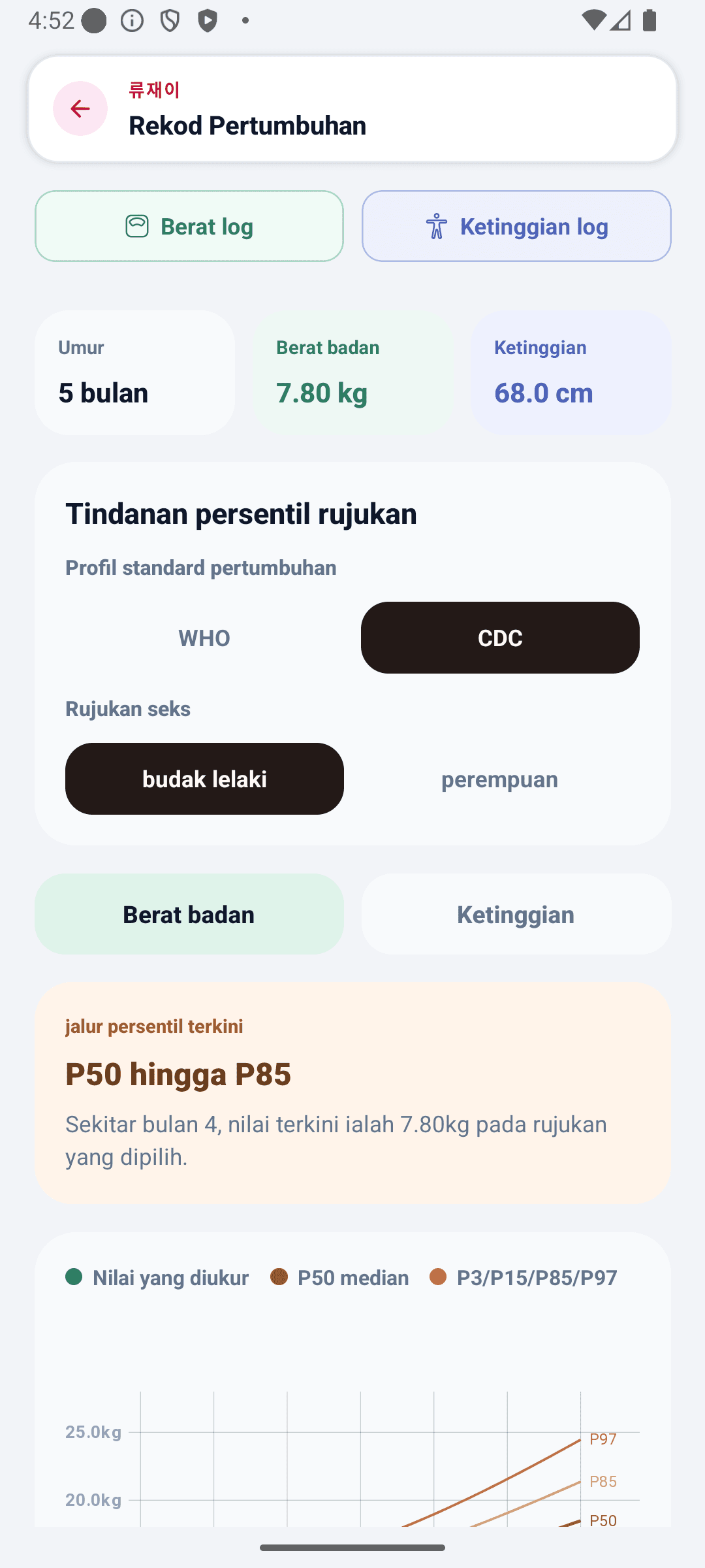 Skrin laman utama BabyDaily butiran pertumbuhan
