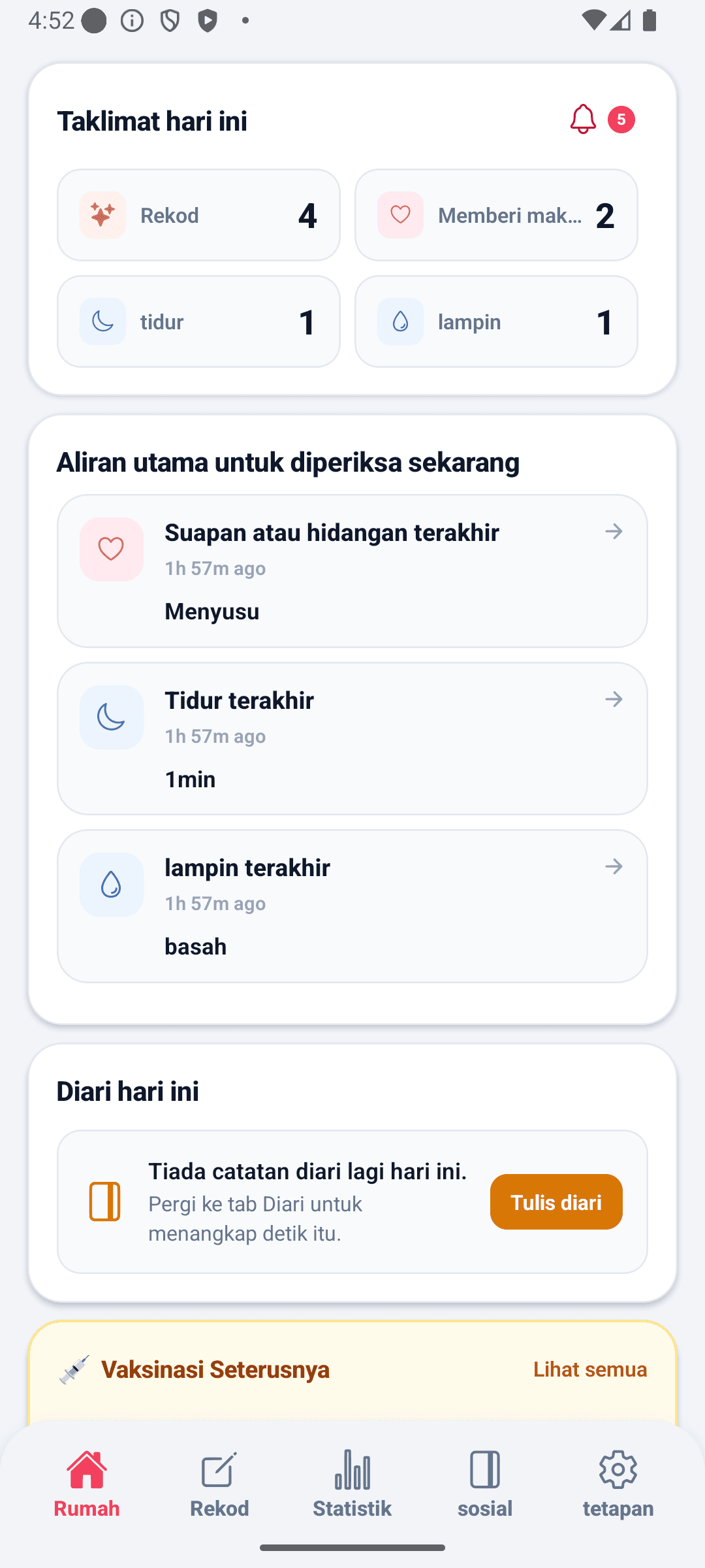 Skrin laman utama BabyDaily atas