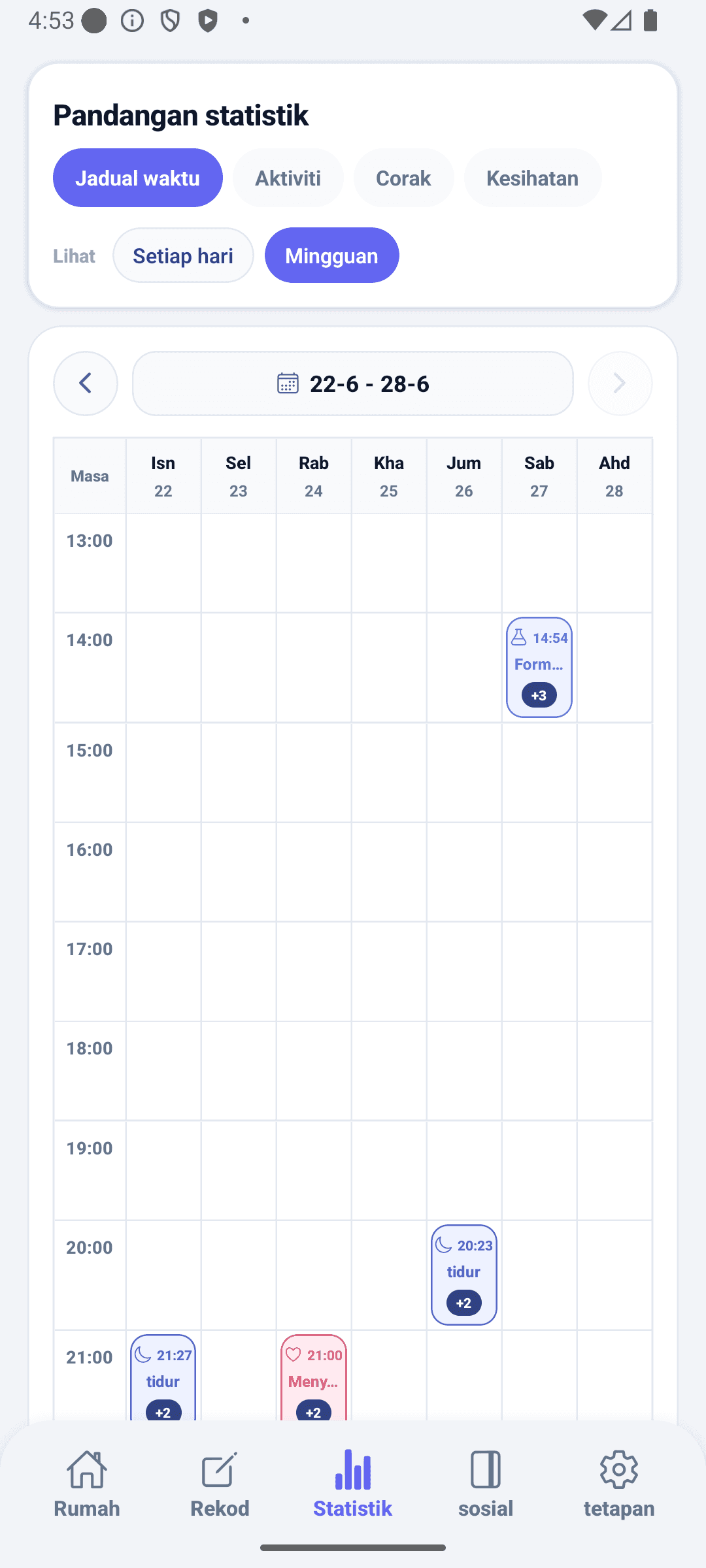 Skrin statistik BabyDaily jadual masa