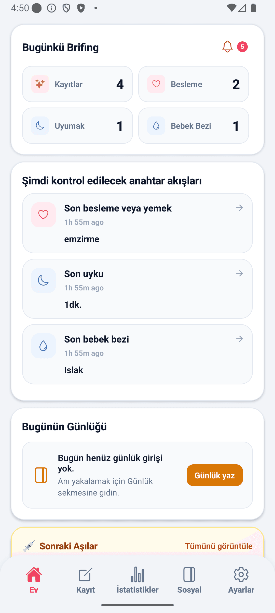 BabyDaily ana sayfa ekranı üst
