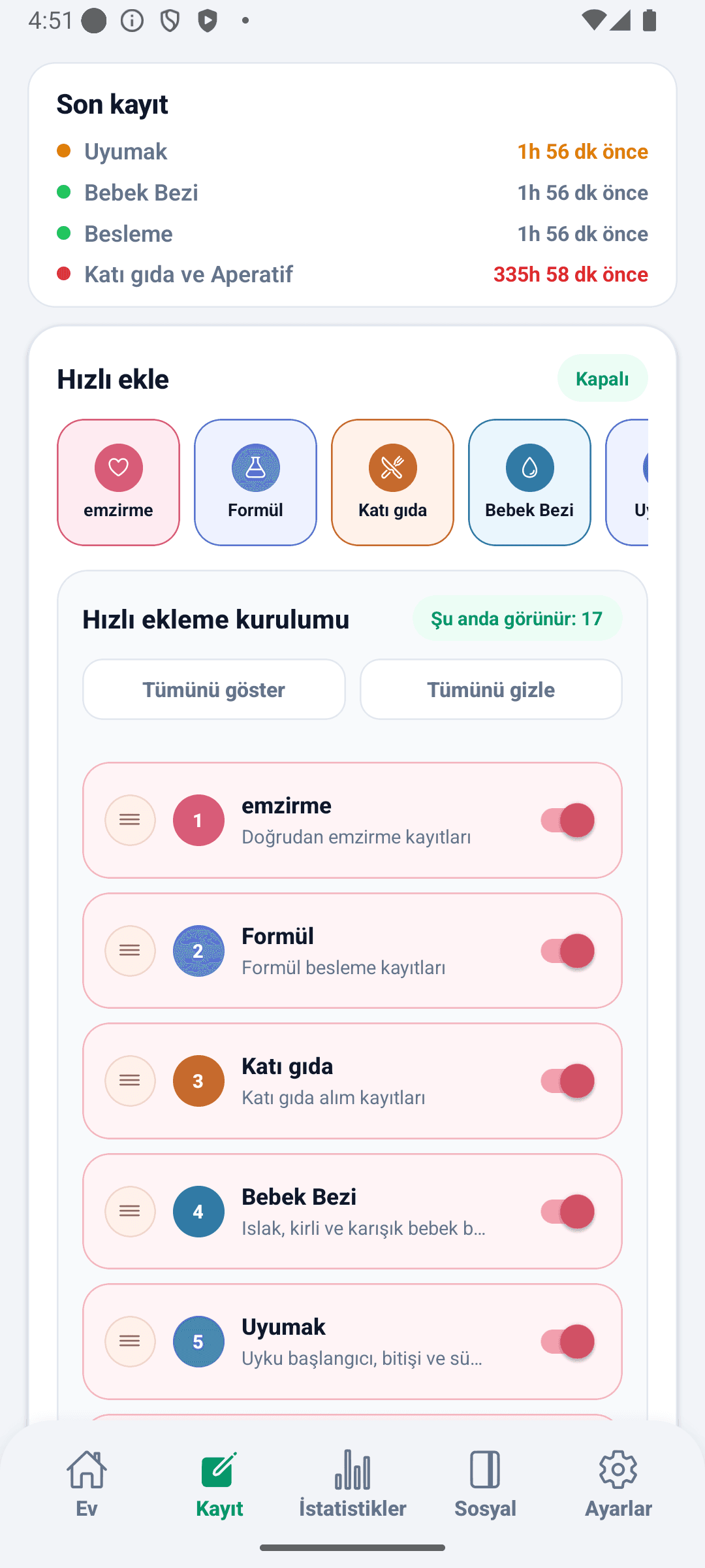 BabyDaily kayıt ekranı hızlı ekleme ayarı