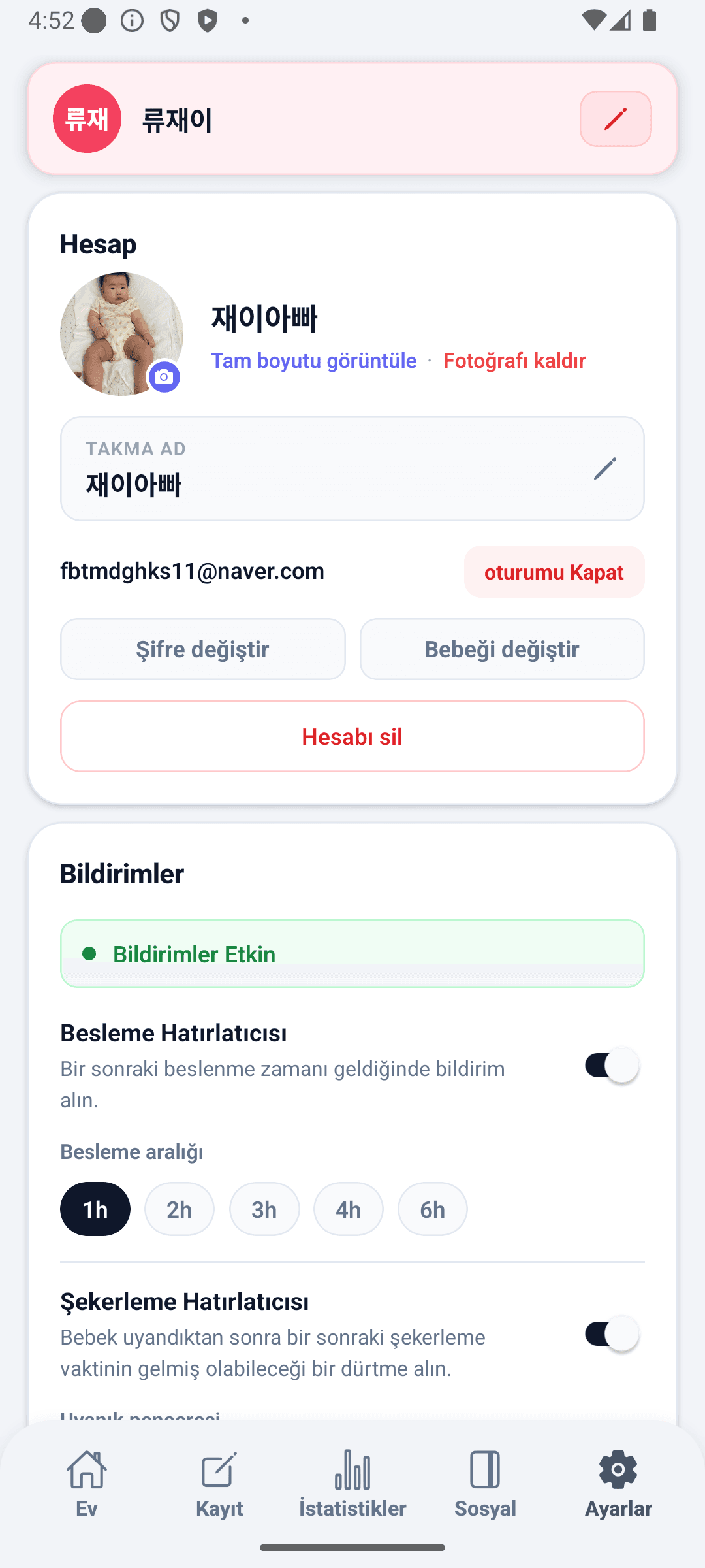 BabyDaily ayarlar ekranı ana