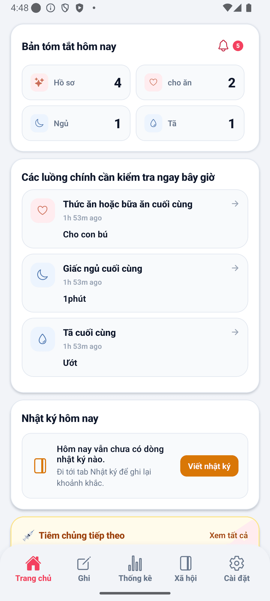 Màn hình trang chủ BabyDaily phía trên